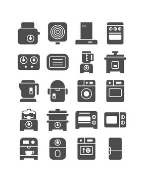 Kitchen electric appliance icon set. Air fryer, oven, grill, fruit blender, steamer pot, coffee maker, dishwasher, and more. Vector illustration, solid style, pixel perfect 64x64. 