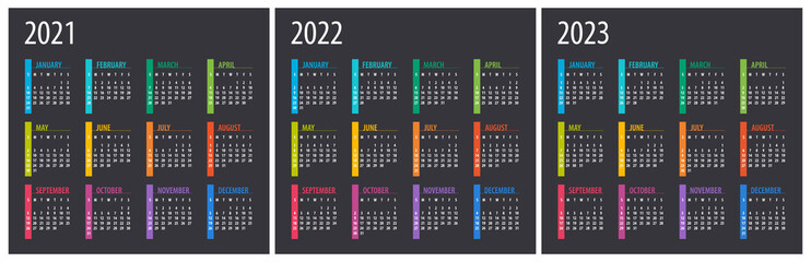 2021, 2022, 2023 Calendar - illustration. Template. Mock up