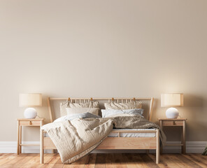 Fototapeta na wymiar Bright beige wooden bedroom design, minimal modern style, 3d render