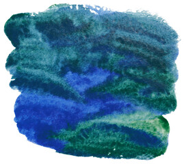 Blue green watercolor stain on paper. Design element on white background.