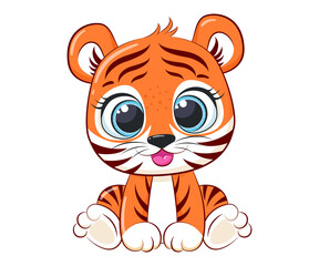 Cute tiger cub sits and smiles. Cartoon vector illustration.
