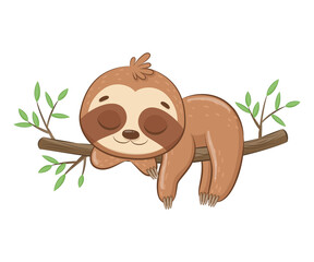Cute sloth sleeps sweetly.Cartoon vector illustration. © Arina