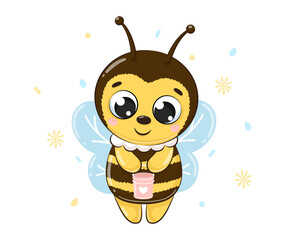 Cute bee flies and smiles.Cartoon vector illustration.
