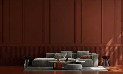 Modern cozy living room and furniture decoration and empty red wall pattern background