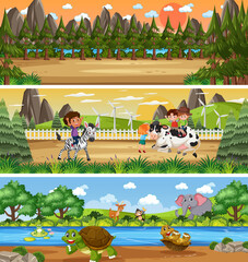 Panoramic nature landscape scene set with cartoon character