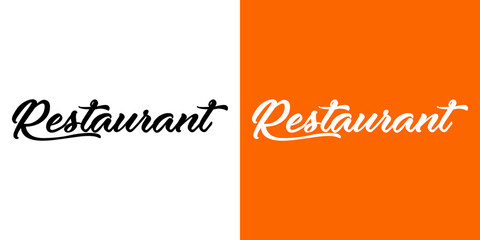 Logo con palabra Restaurant en caligrafía en fondo blanco y fondo naranja