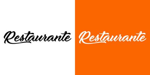 Logo con palabra Restaurante en caligrafía en español en fondo blanco y fondo naranja