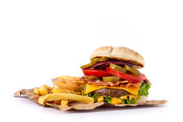 Beef burger with cheese, bacon and french fries isolated on white background