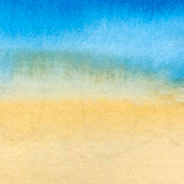 Marine watercolor background: sea beach ocean coastline blue and yellow sand and sea waves shore surf sea foam. For summer banner, backdrop, background. For your design.
