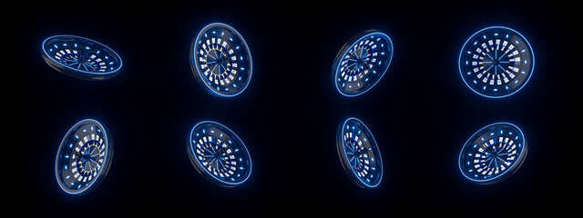 Modern Roulette Wheel With Futuristic Blue Neon Lights, Rotation, Isolated On The Black Background. Casino Concept - 3D Illustration