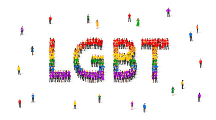 A crowd of people are standing in rainbow colored clothes, making up the word LGBT. LGBT flag made of people.