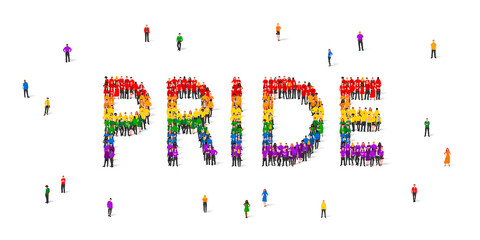 A crowd of people are standing in rainbow colored robes, making up the word Pride. LGBT flag made of people.