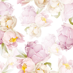 Seamless pattern with peonies in a gentle range,  flowers in watercolor style