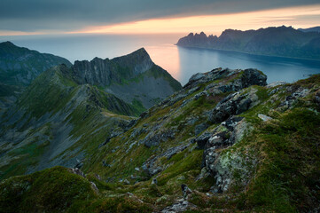 Panoramic view from the Husfjellet mountain, Senja, Norway. Nordic summer landscape