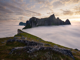 View at the Mountain Hesten, Senja, Norway. Dramatic summer arctic landscape.