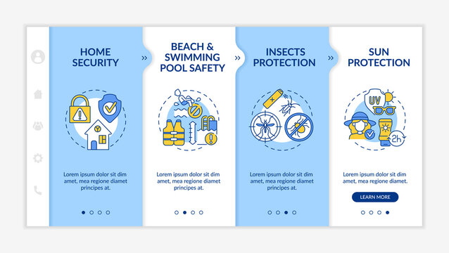 Summer break safety onboarding vector template. Responsive mobile website with icons. Web page walkthrough 4 step screens. Beach, swimming pool precaution color concept with linear illustrations