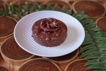 chocolate dessert with filling of caramel, nuts and nougats. The cake is covered with chocolate on a wooded background with a morning natural light