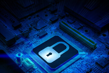 Data security. Digital computer processor chip on motherboard technology background. Network...