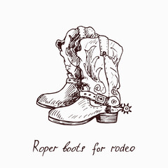 Roper boots for rodeo, woodcutstyle ink drawing illustration with inscription - 442302384