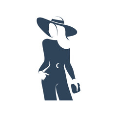 Beautiful young lady portrait isolated. Awesome model in stylish hat and trousers black hand drawn silhouette. Vector flat illustration. For emblem, tag, logo, banner etc.