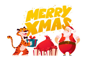 Merry Christmas illustration with text greeting, tiger character, Santa Claus and presents isolated. Vector flat cartoon style. For banners, sale cards, posters, tags, web, flyers, advertisement etc.