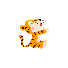 Cute little tiger charactersit and smile isolated on white background. Side view. Vector flat hand drawn style. For children decor, nursery design, banner, emblem, pattern etc.
