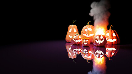 Halloween Funny Lantern Jack Pumpkins on Gradient Purple Background. Rendering from 3D.
