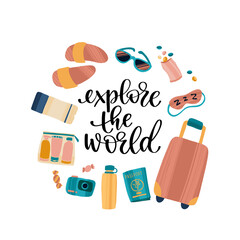 Travel inspiration quote and journey items. Positive phrase about trip or adventure.