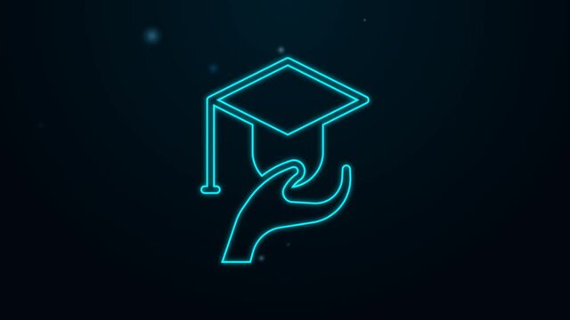 Glowing neon line Education grant icon isolated on black background. Tuition fee, financial education, budget fund, scholarship program, graduation hat. 4K Video motion graphic animation