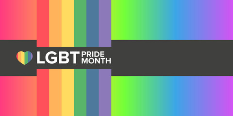 Happy pride month horizontal banner with pride color striped ribbon flag isolated on gradient background. LGBT Pride month or pride day poster, invitation party card modern style design template.