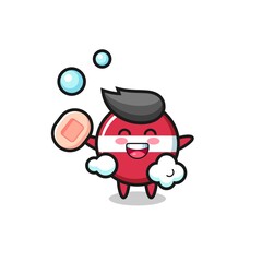 latvia flag badge character is bathing while holding soap