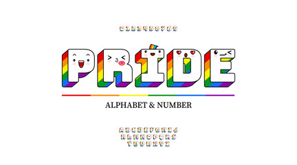 Alphabet letters and numbers with Rainbow colors and cute kawaii emoticons. Rainbow flag colors LGBT font.