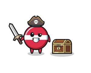 the latvia flag badge pirate character holding sword beside a treasure box