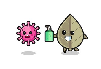 illustration of dried leaf character chasing evil virus with hand sanitizer