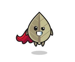 the cute dried leaf character as a flying superhero