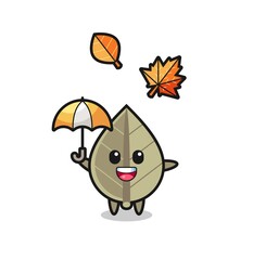 cartoon of the cute dried leaf holding an umbrella in autumn