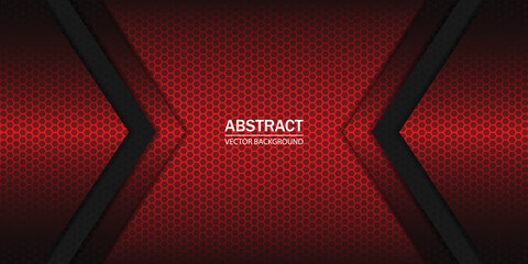 Geometric arrow shapes on a hexagonal red grid. Black and red shapes, stripes and lines on a dark hexagonal carbon fiber background.