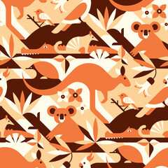 Australian animals seamless pattern with, kangaroo, koala, cockatoo parrot, crocodile, numbat, echidna. Perfect for fabric, textile, wallpaper. Geometric pattern.
