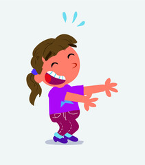 cartoon character of little girl on jeans laughing a lot while showing something