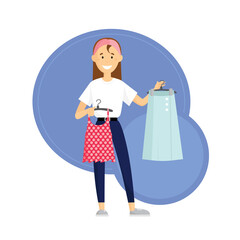 A young girl smiles and holds a hanger with clothes in her hands. Vector illustration isolated on blue background