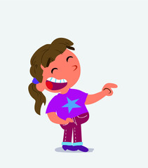 cartoon character of little girl on jeans points to his side while laughing