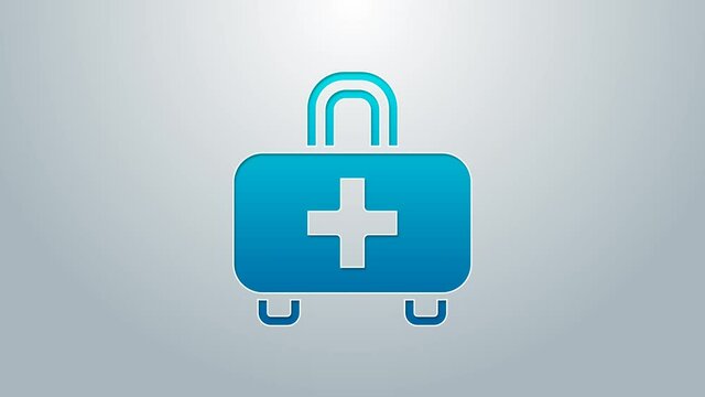 Blue line First aid kit icon isolated on grey background. Medical box with cross. Medical equipment for emergency. Healthcare concept. 4K Video motion graphic animation