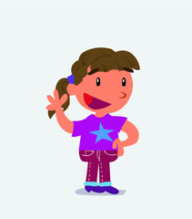  cartoon character of little girl on jeans waving happily: cartoon character of little girl on jeans waving happily