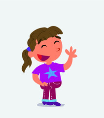  cartoon character of little girl on jeans waving informally while smiling cartoon character of little girl on jeans waving informally while smiling
