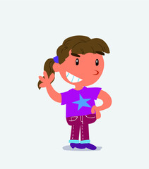 Obraz premium cartoon character of little girl on jeans waving while smiling.cartoon character of little girl on jeans waving while smiling.