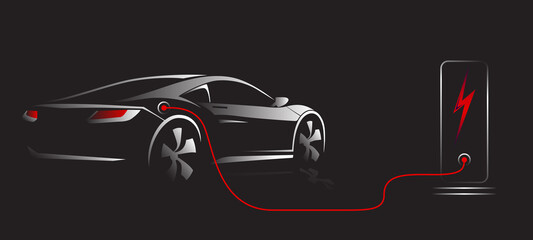 Electric car with charging stations by sketch line rear view. Sportcar isolated on black background. Vector illustration