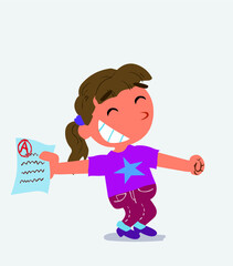 happy cartoon character of little girl on jeans rejoices with exam in hand.happy cartoon character of little girl on jeans rejoices with exam in hand.