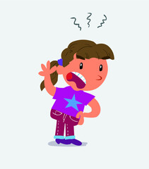 Indigned cartoon character of little girl on jeans vehemently shakes his hand Indigned cartoon character of little girl on jeans vehemently shakes his hand