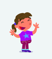  Pleased cartoon character of little girl on jeans explaining something.: Pleased cartoon character of little girl on jeans explaining something.