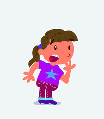 Unpleasantly surprised cartoon character of little girl on jeans looks to the side.Unpleasantly surprised cartoon character of little girl on jeans looks to the side.